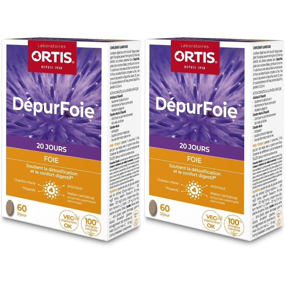 Deux boîtes Ortis DépurFoie. Inscription: DépurFoie, 20 jours, FOIE. Avec logo et sceaux.