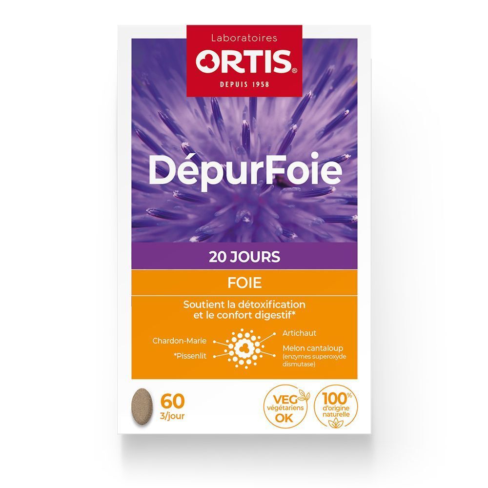 Close-up van een verpakking ORTIS® Dépur'Foie. Opschrift: 20 jours, Foie. Logo en tekst. 60 tabletten. Veganistisch product.