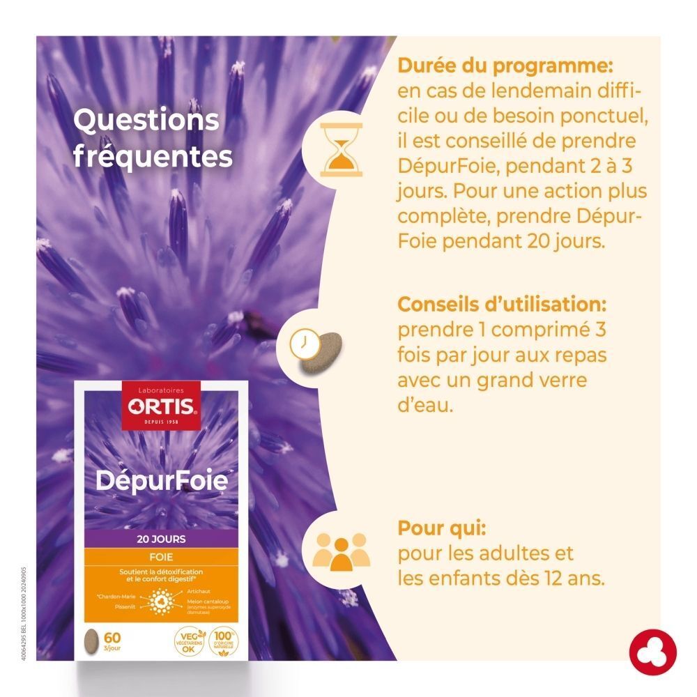 Produit Ortis DépurFoie. À côté, texte sur l'utilisation et le public cible.