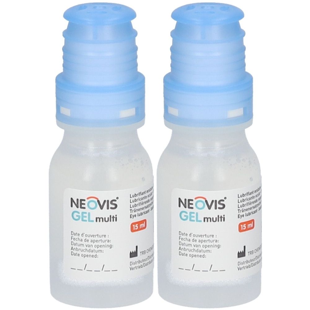 Twee flacons NEOVIS GEL multi. Blauwe doppen, transparante flacons. Opschrift: 15 ml. Etiket met openingsdatum.