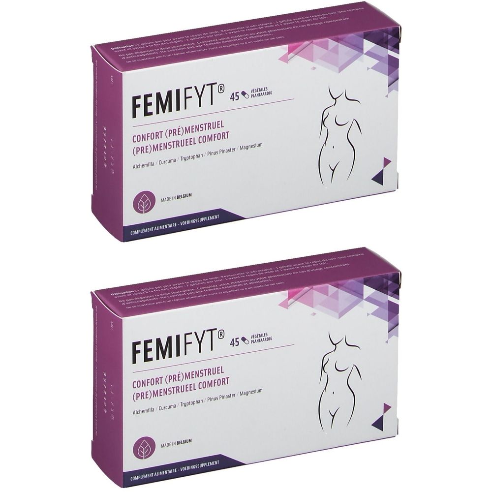Twee dozen Femifyt®. Paars-witte dozen met productnaam, ingrediënten en een gestileerde vrouwenfiguur.