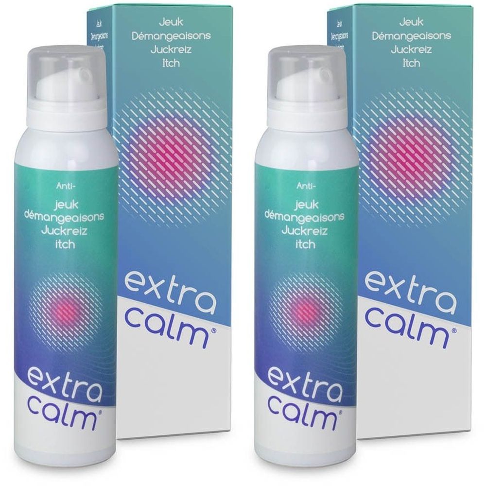 Twee sprays en verpakkingen. Opschrift: Anti-jeuk, extra calm. Blauwe, groene en witte kleuren.