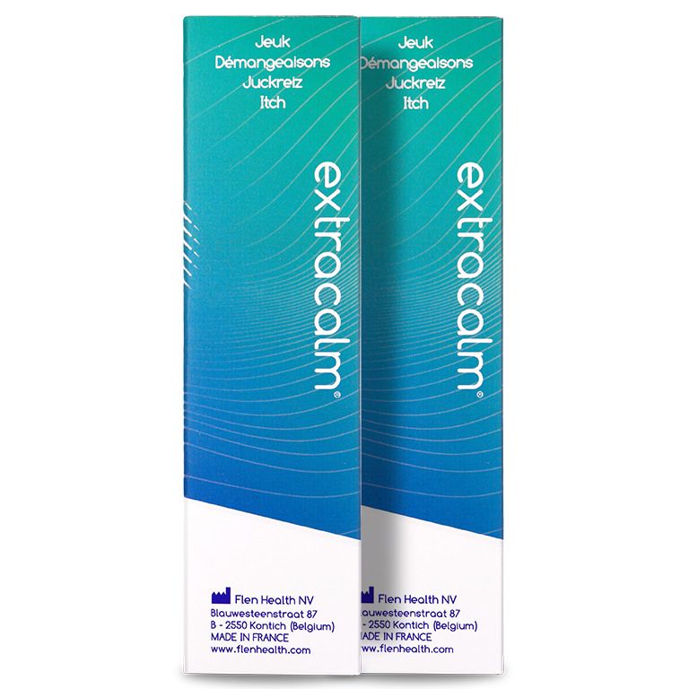 Twee dozen. Op de dozen staat "extra calm". Opschrift: Anti-jeuk.