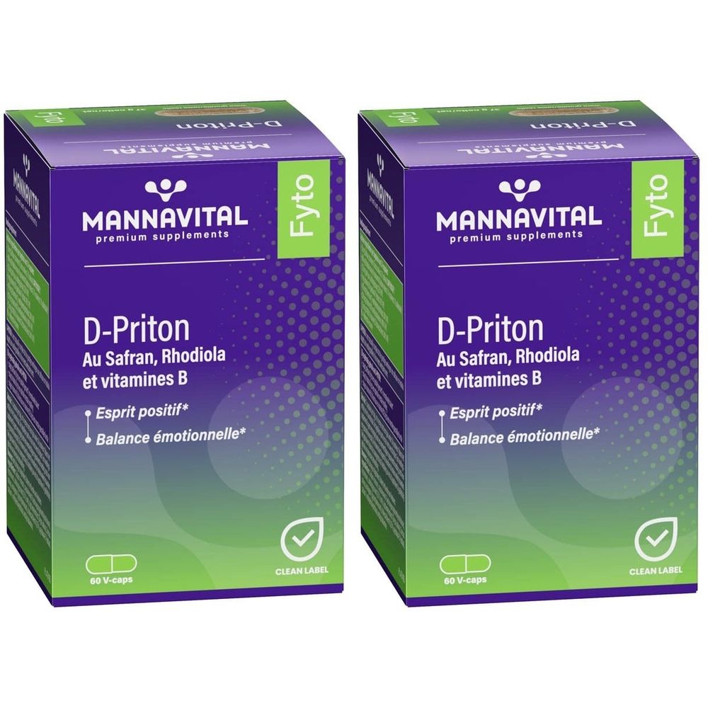 Twee dozen Mannavital D-Priton. Opschrift: Au Safran, Rhodiola et vitamines B. Met logo en label "Clean Label".