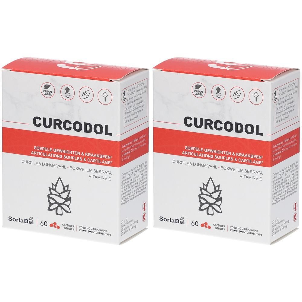 Deux boîtes de Curcodol. Emballage rouge et blanc. Inscription Curcodol, Soria Natural, 60 capsules. Symboles et texte.