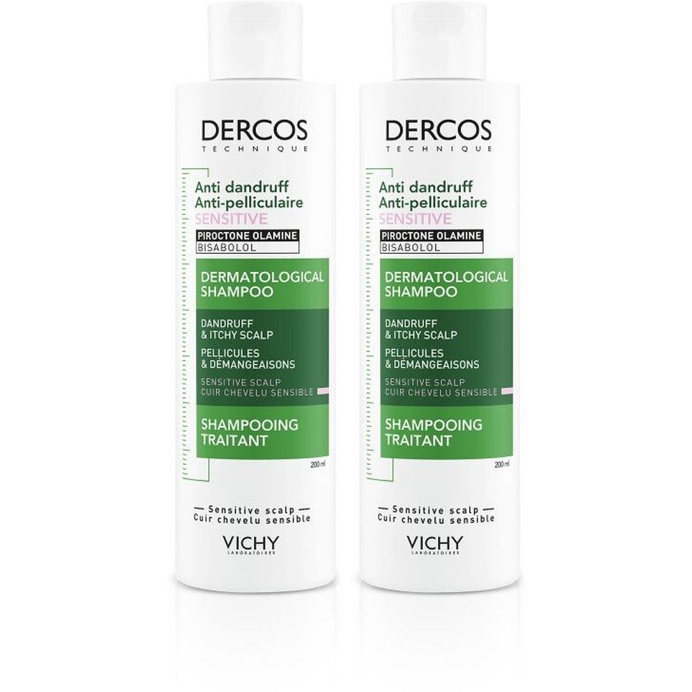 Twee witte flessen met groen-witte etiketten. Opschrift: Dercos, anti-roos shampoo, voor gevoelige hoofdhuid. Merk: Vichy.