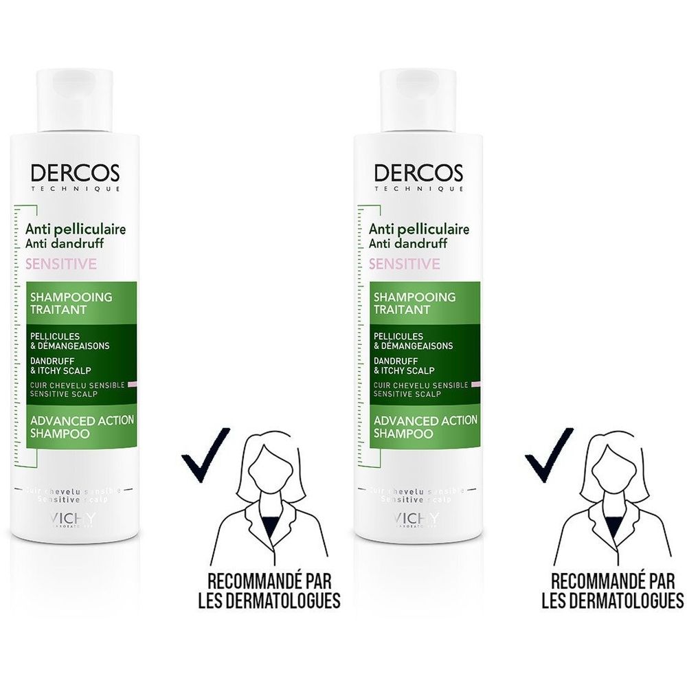 Flacon de shampooing blanc et vert. Texte: Dercos, Anti-pelliculaire, Sensitive. Recommandé par les dermatologues.