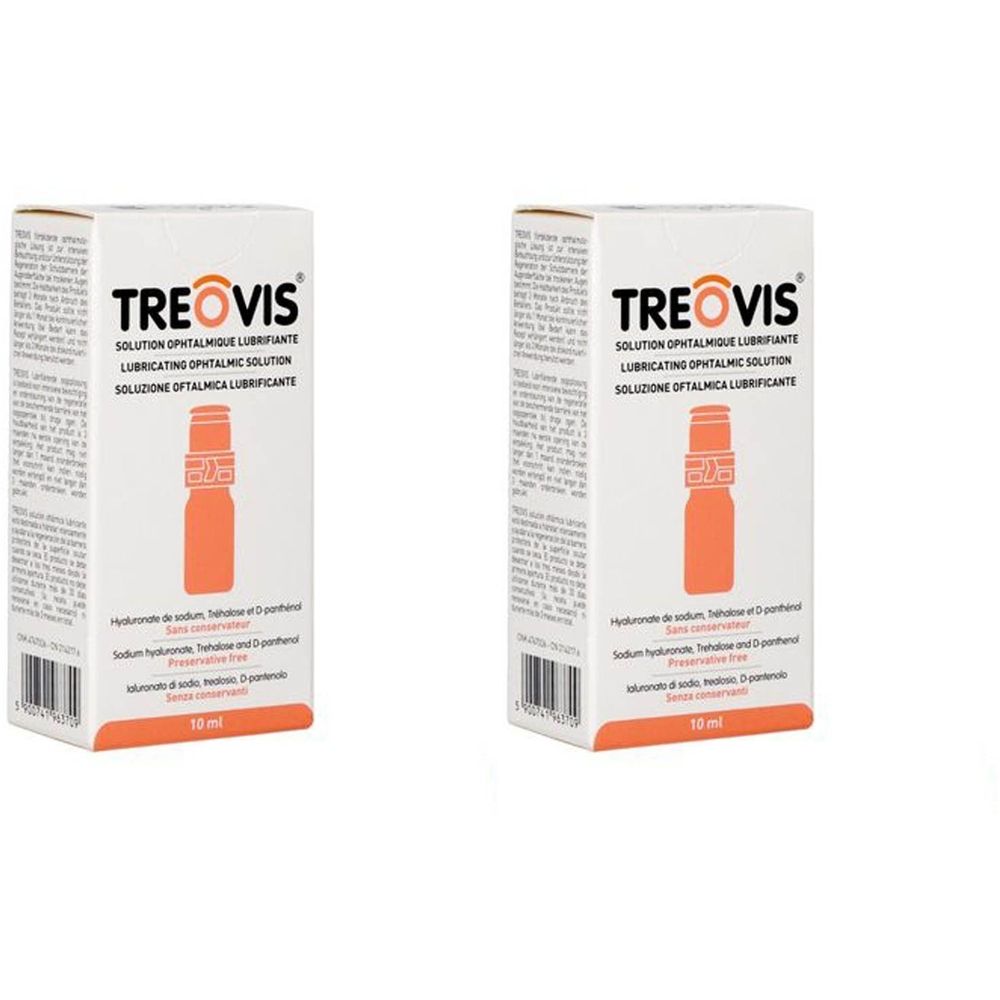 Deux boîtes de Treovis, solution ophtalmique lubrifiante. Emballage blanc avec nom du produit et illustration d'un flacon. 10 ml.