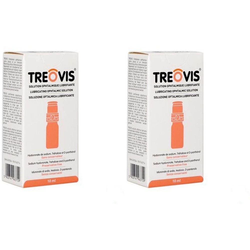 Deux boîtes de Treovis, solution ophtalmique lubrifiante. Emballage blanc avec nom du produit et illustration d'un flacon. 10 ml.