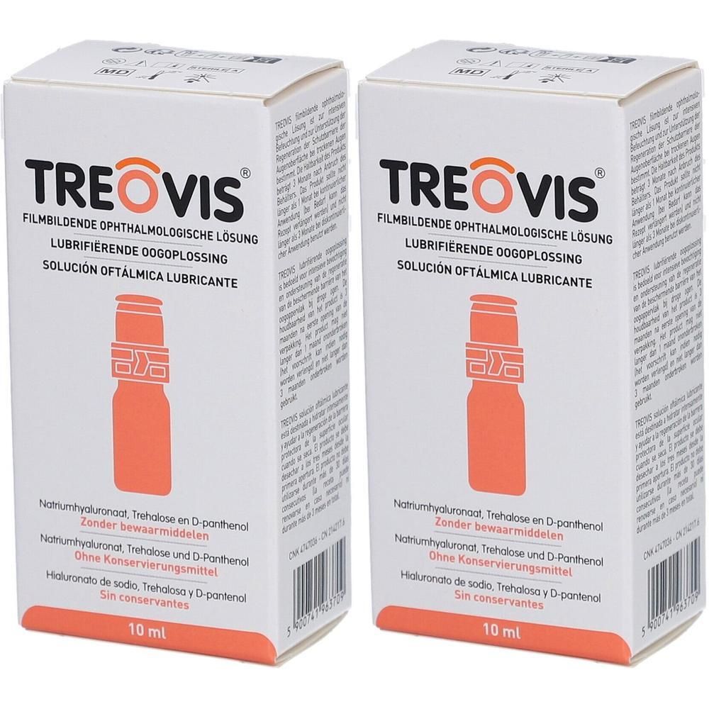 Twee witte dozen met oranje accenten. Opschrift: TREOVIS, filmvormende oogheelkundige oplossing. Bevat 10 ml.