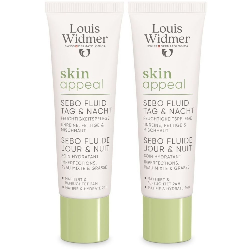 Twee tubes Louis Widmer Skin Appeal Sebo Fluide Jour & Nuit. Witte tubes met groene accenten en productaanduidingen.