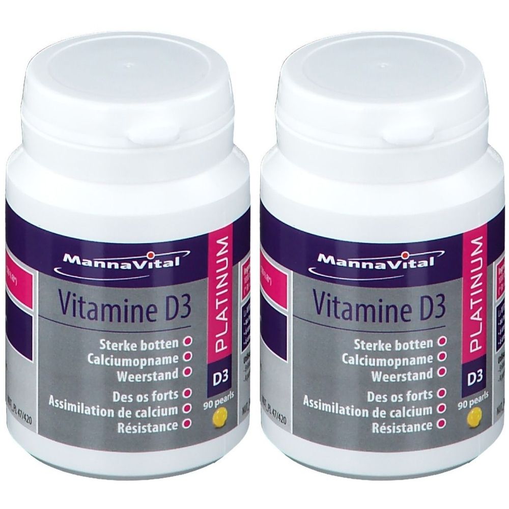 Deux flacons blancs avec étiquettes violettes. Inscription: MannaVital Vitamine D3 Platinum. Contient 90 perles. Informations supplémentaires sur l'étiquette.