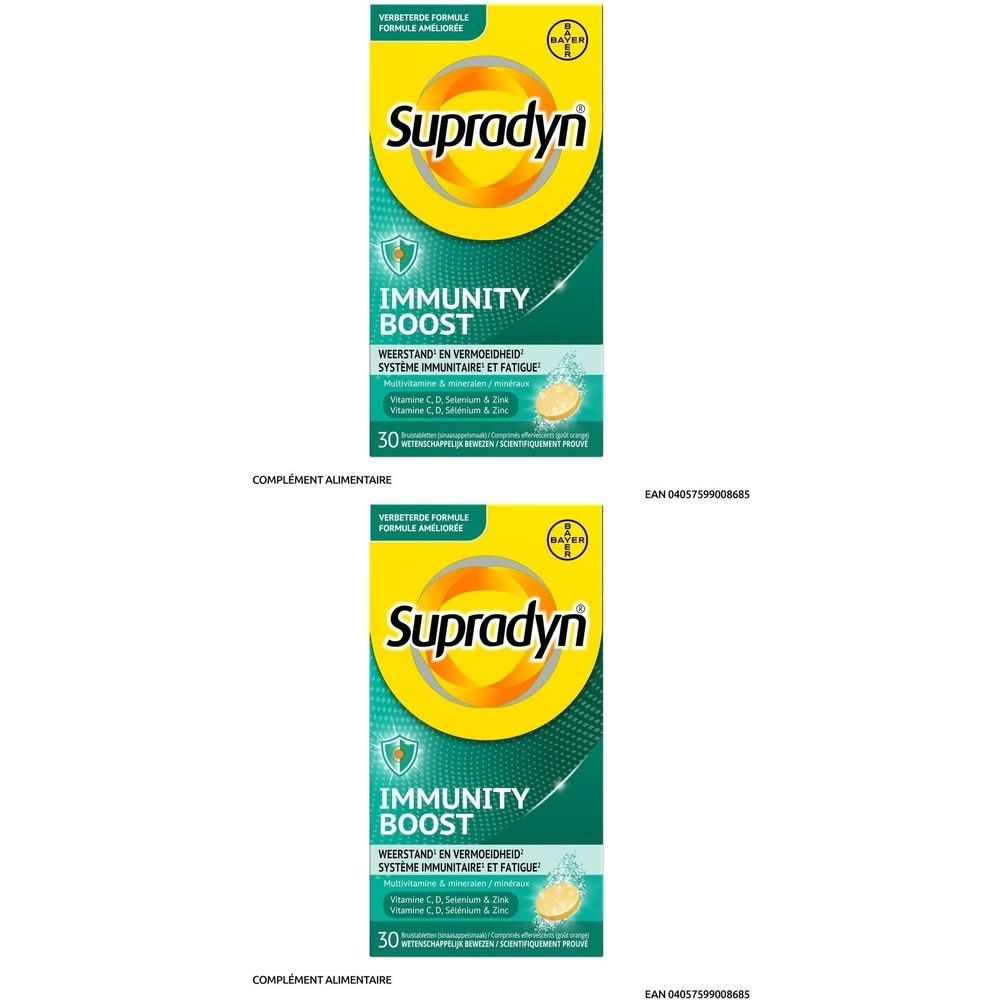 Deux boîtes de Supradyn Immunity Boost. Emballage jaune et vert avec nom du produit et informations. 30 comprimés.