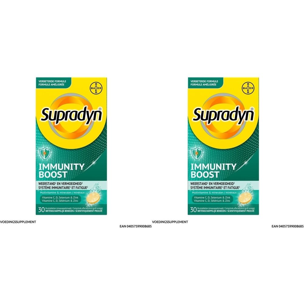 Twee verpakkingen Supradyn Immunity Boost. Gele en groene verpakking met productnaam en informatie. 30 tabletten.