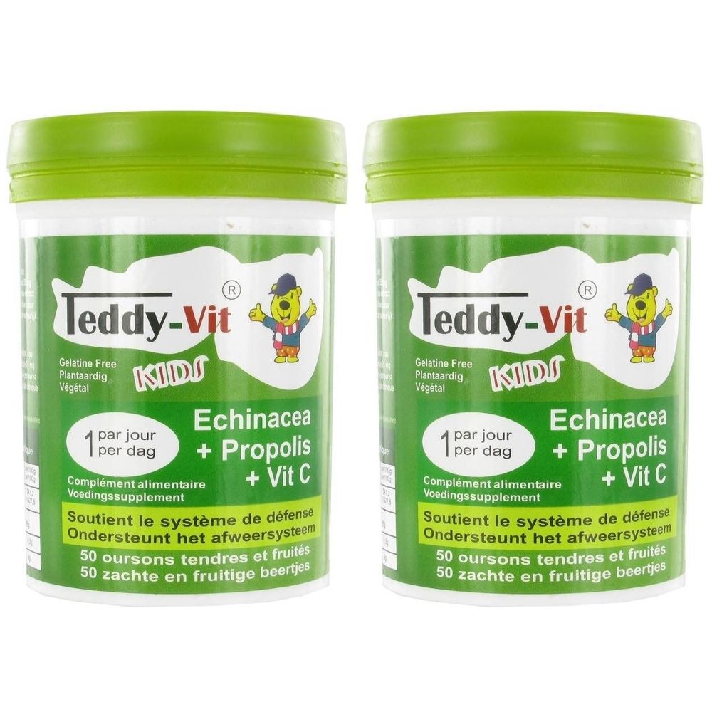 Twee groene en witte potten. Opschrift: Teddy-Vit KIDS, Echinacea + Propolis + Vit C. 50 zachte fruitige beertjes.