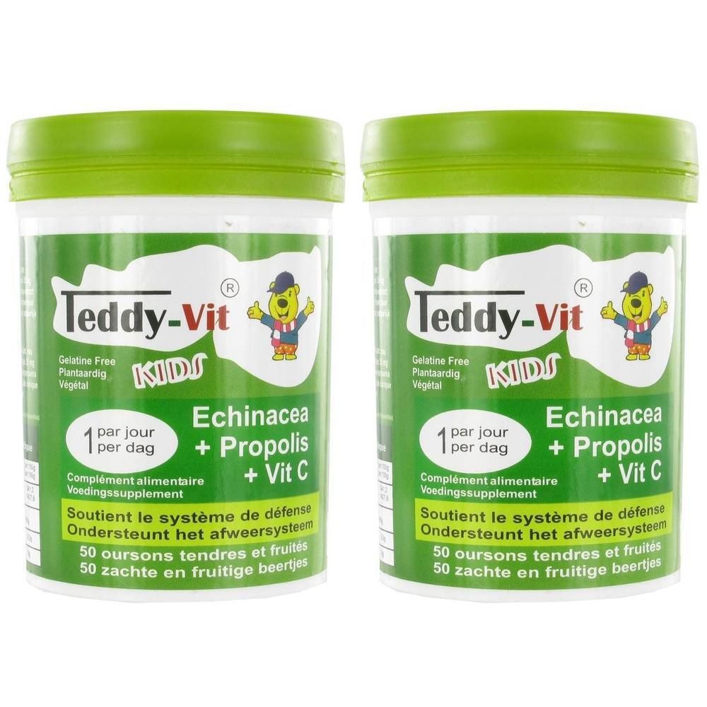 Deux pots Teddy-Vit Kids. Étiquettes vertes et blanches avec nom du produit, ingrédients et illustration d'ours. Couvercles verts.