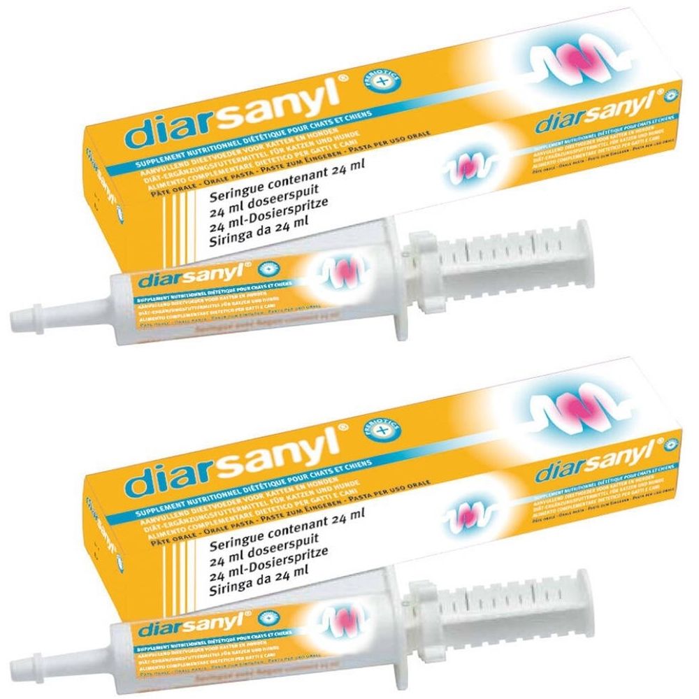 Deux boîtes et seringues. Boîtes jaunes avec texte blanc. Seringues blanches avec échelle de dosage. Inscription : diarsanyl.