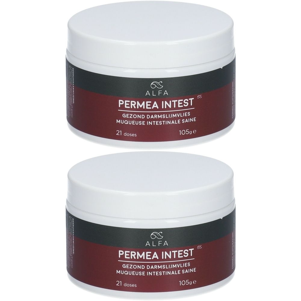 Twee witte potten met deksels. Op het etiket staat "ALFA PERMEA INTEST". Tekst in het Nederlands en Frans.