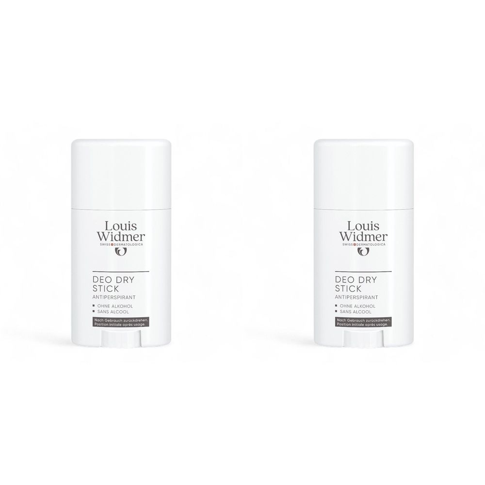Twee witte deodorant sticks. Opschrift: Louis Widmer, Deo Dry Stick, Antiperspirant.