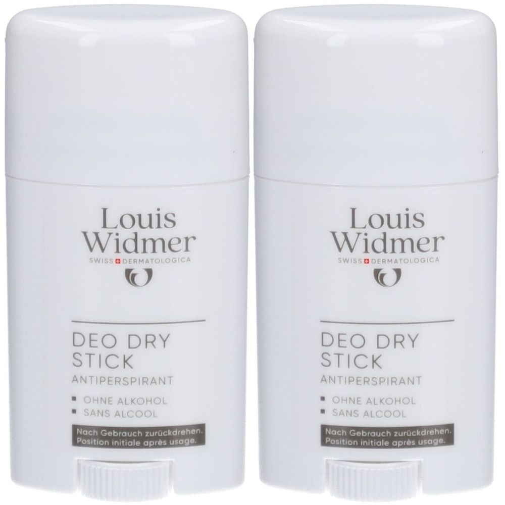 Twee witte deodorant sticks. Opschrift: Louis Widmer, Deo Dry Stick, Antiperspirant. Zonder alcohol.
