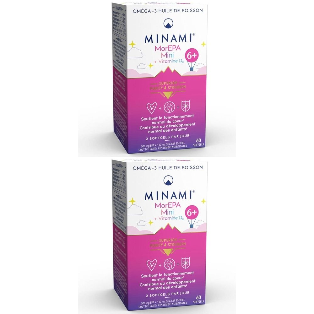 Twee dozen voedingssupplement met omega-3 visolie. Opschrift: MINAMI MorEPA Mini + Vitamine D3 6 Ans+. 60 softgels per doos.