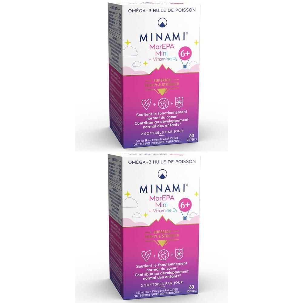 Twee dozen MINAMI MorEPA Mini 6+ Omega-3 voedingssupplement. Witte en roze verpakking met productnaam en logo's.