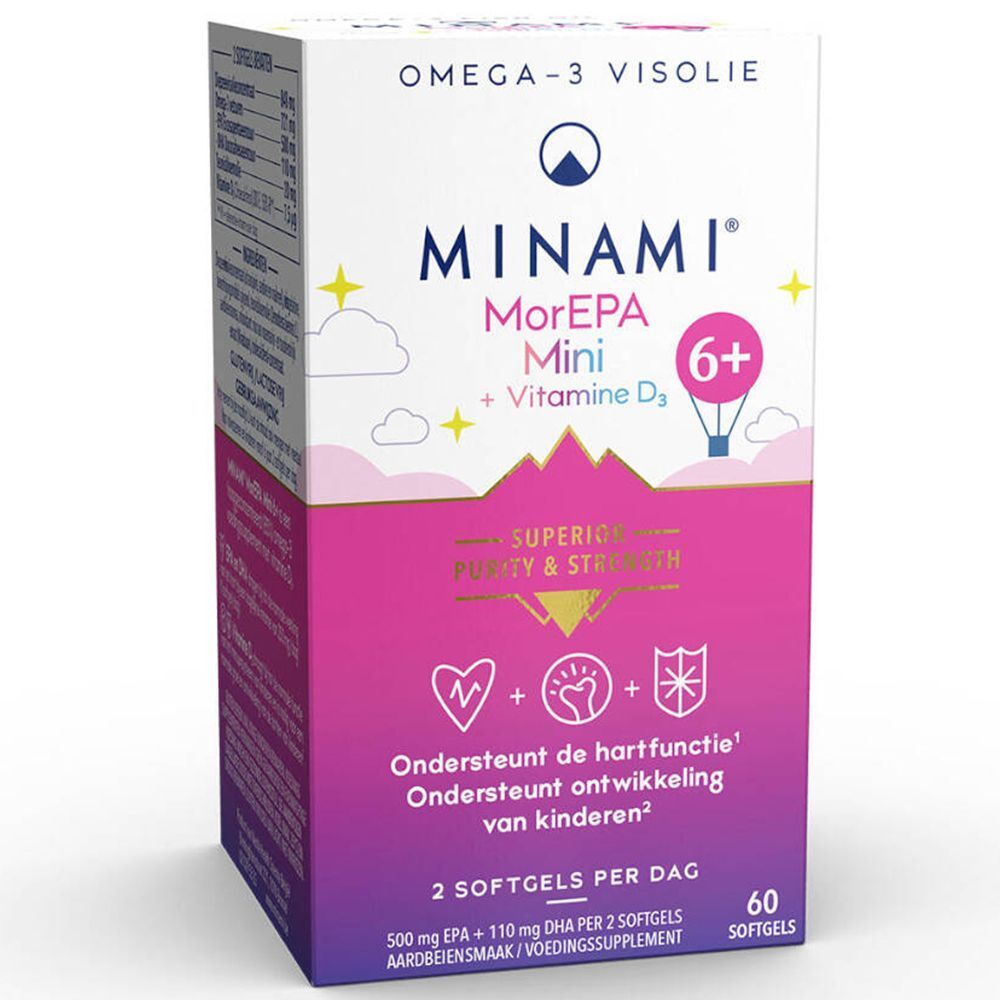 MINAMI MorEPA Mini 6+ Omega-3 voedingssupplement. Witte en roze verpakking met productnaam, logo's en informatie.