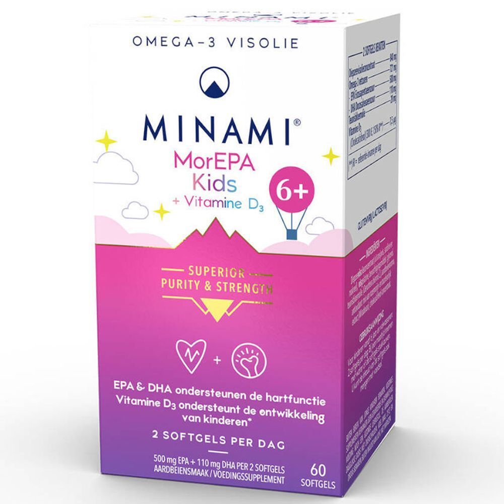MINAMI MorEPA Kids 6+ Omega-3 voedingssupplement. Witte en roze verpakking met productnaam, logo's en informatie.