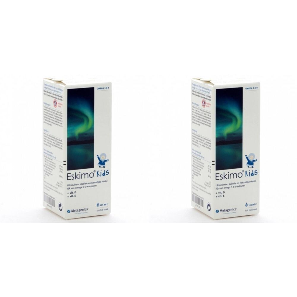 Twee rechthoekige dozen. Op de voorkant staat "Eskimo kids" met een afbeelding van het noorderlicht. Bevat omega 3-6-9.