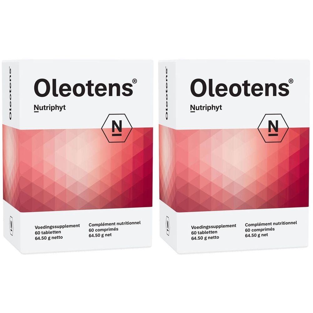 Deux boîtes blanches avec "Oleotens" et "Nutriphyt". Fond rouge avec motif géométrique. Texte en néerlandais et français.