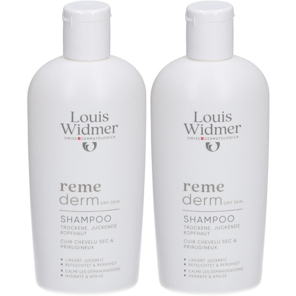 Twee witte flessen Louis Widmer Remederm Shampoo. Opschrift: reme derm, Shampoo, voor droge, jeukende hoofdhuid.
