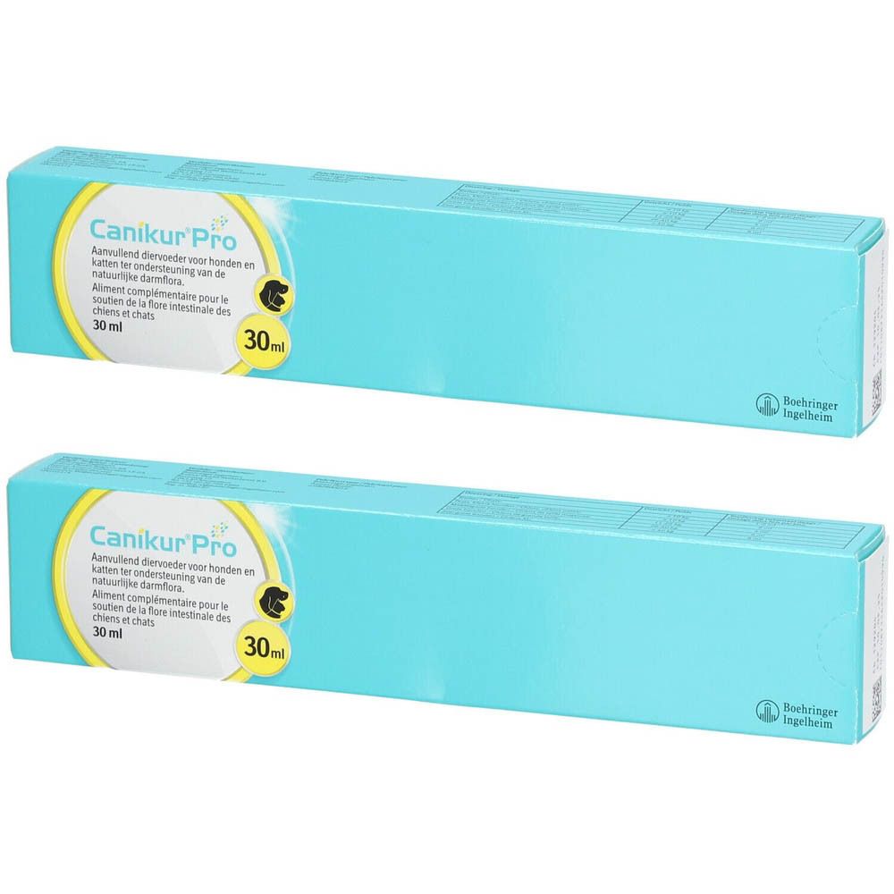 Twee turquoise dozen met "Canikur Pro" en "30 ml". Opschriften in meerdere talen.