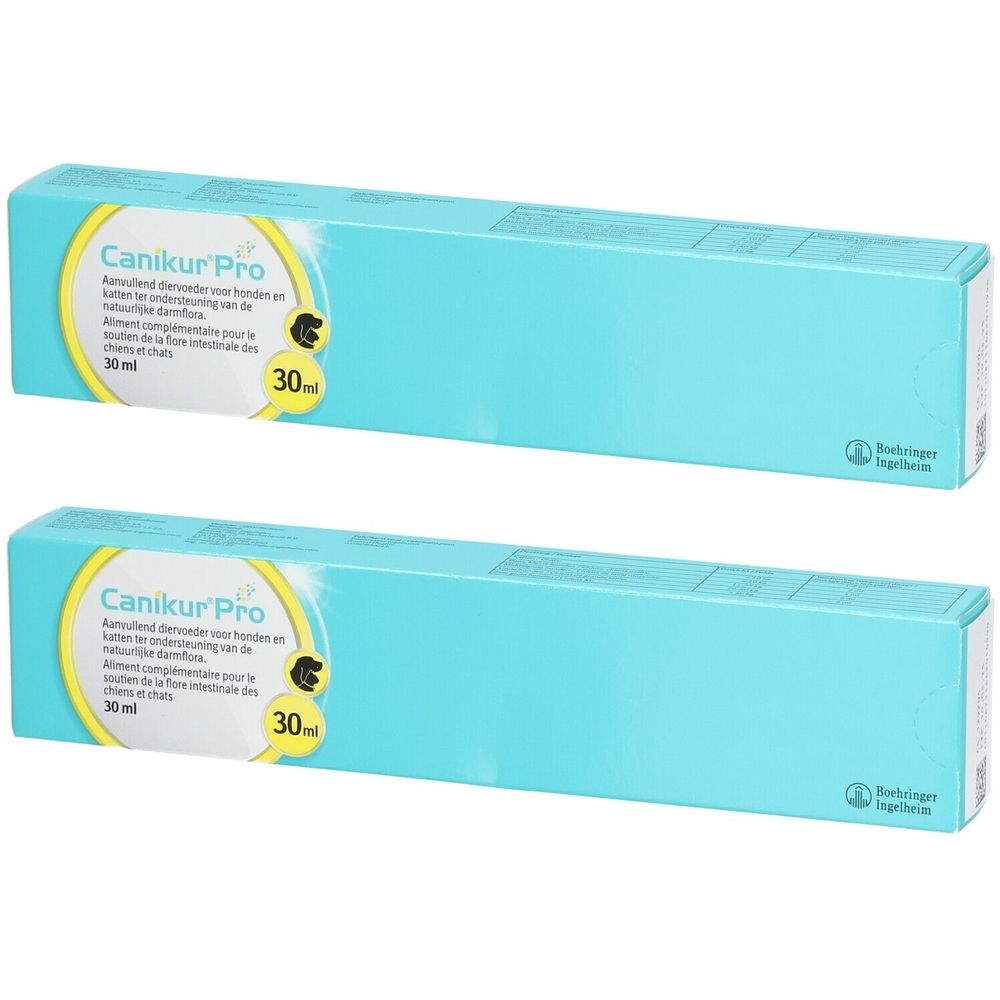 Twee turquoise dozen met "Canikur Pro". Elke doos bevat 30 ml. Logo Boehringer Ingelheim.