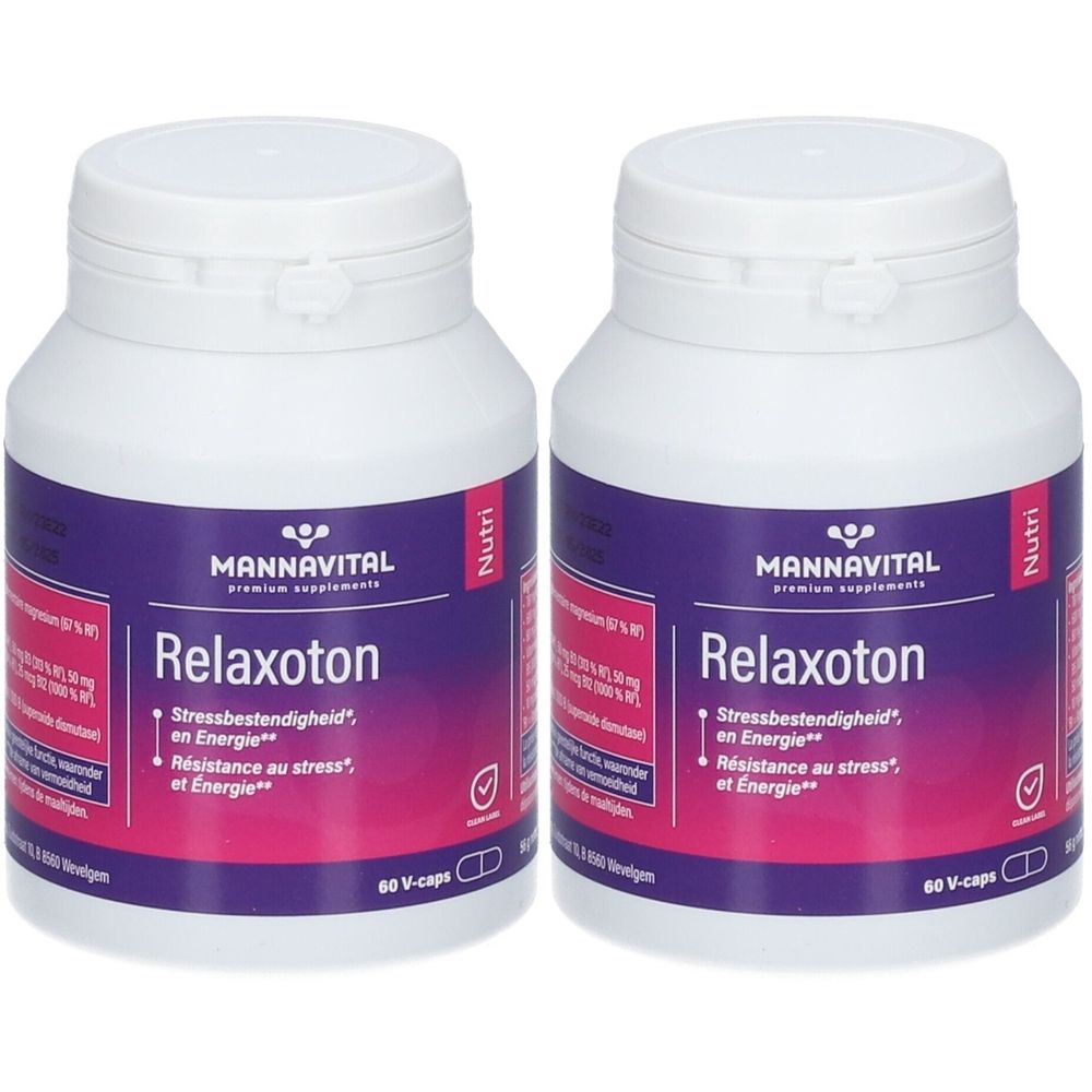 Twee witte flessen met deksels. Opschrift: MANNAVITAL Relaxoton. Paars-roze etiket met tekst. 60 V-caps.