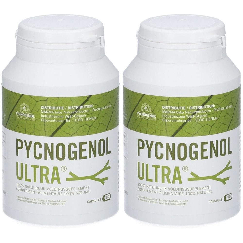 Deux flacons blancs avec Pycnogenol Ultra. Inscription : Complément alimentaire 100% naturel. Capsules.