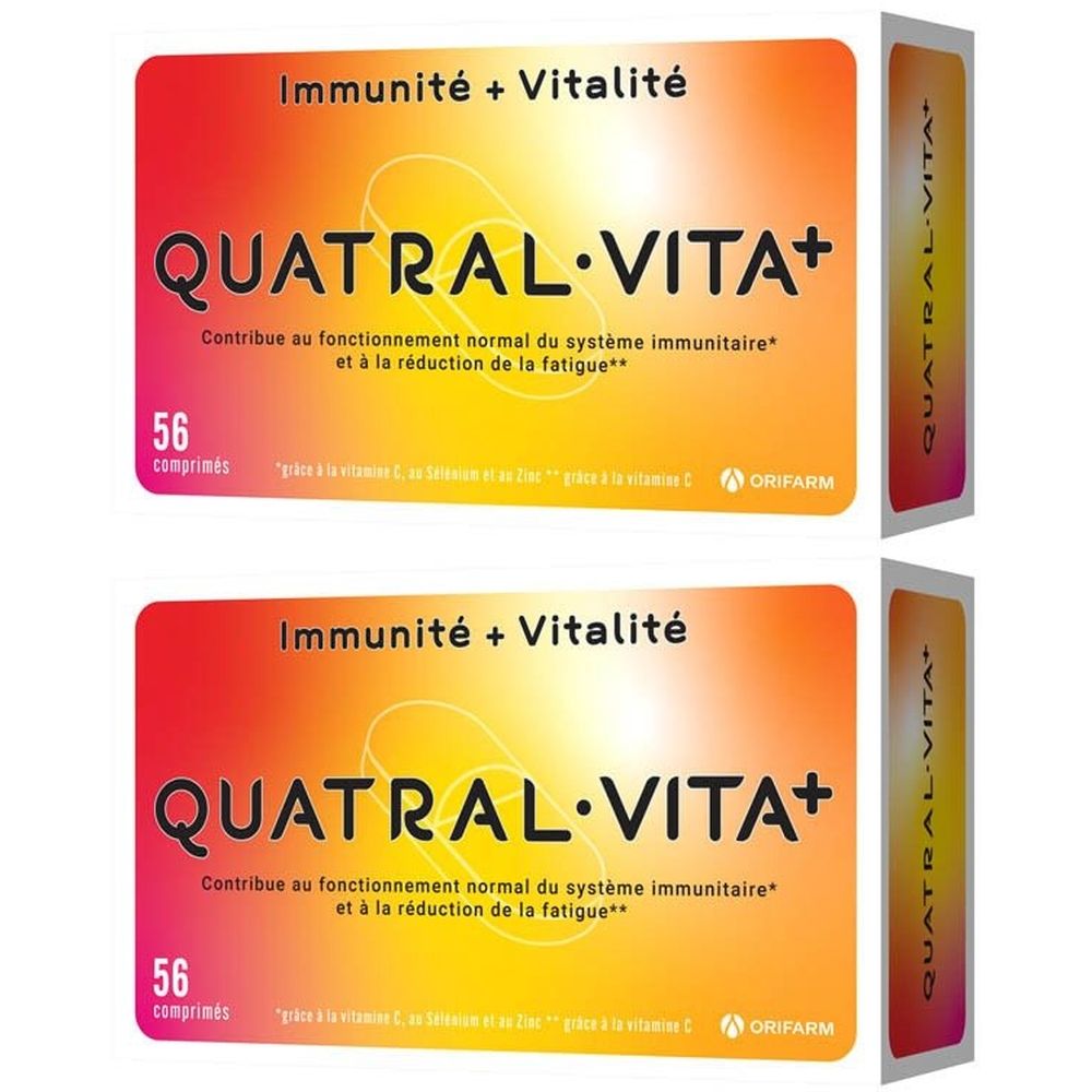 Deux plaquettes de Quatral Vita+. Inscription: Immunité + Vitalité, 56 comprimés. Fond orange-jaune.