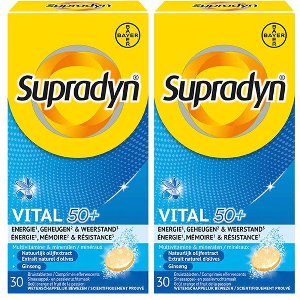 Deux boîtes de Supradyn Vital 50+ sur fond jaune. Inscription : Énergie, mémoire, résistance. Contient 30 comprimés effervescents.