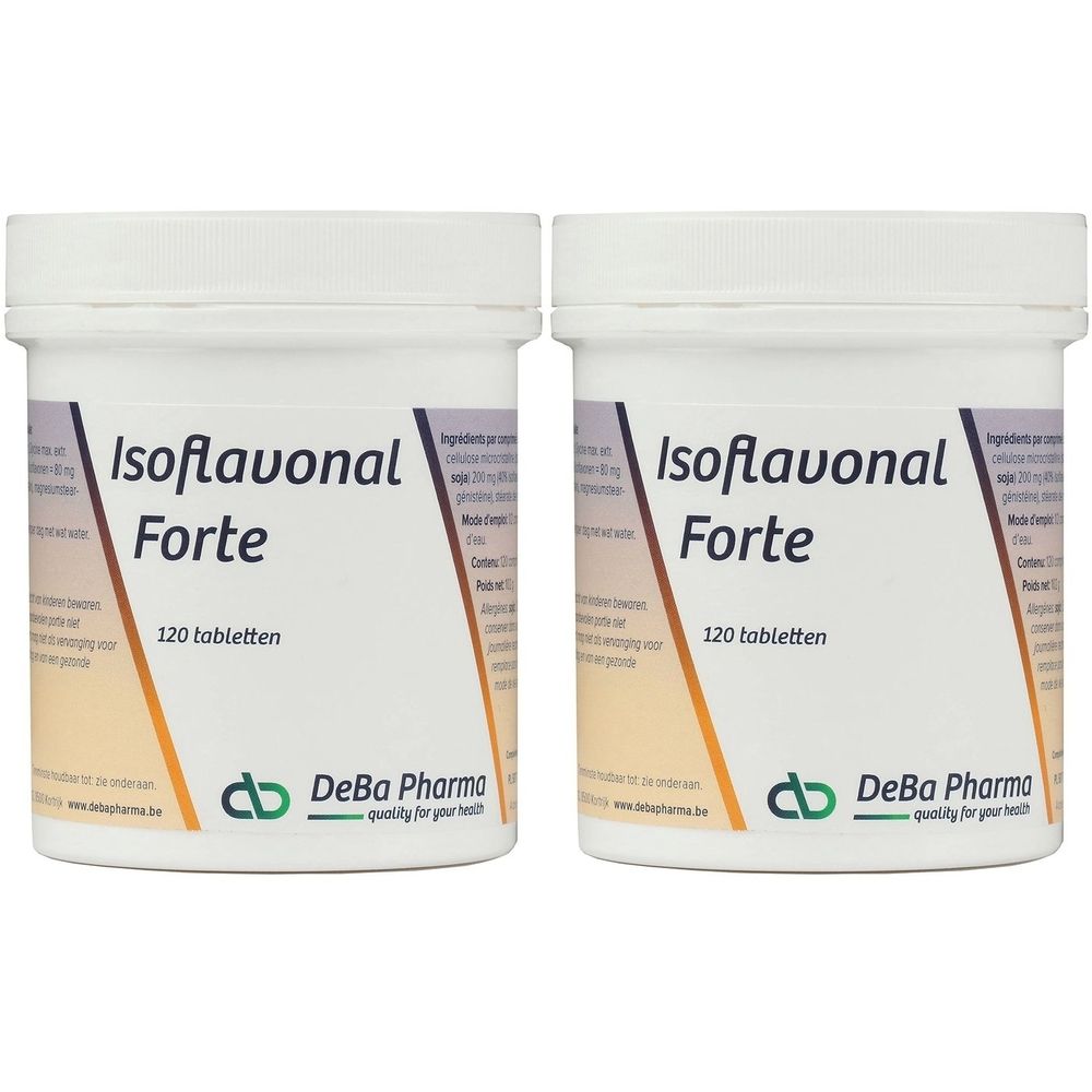 Twee witte potten met de tekst "Isoflavonal Forte" en "120 tabletten". Logo van DeBa Pharma.
