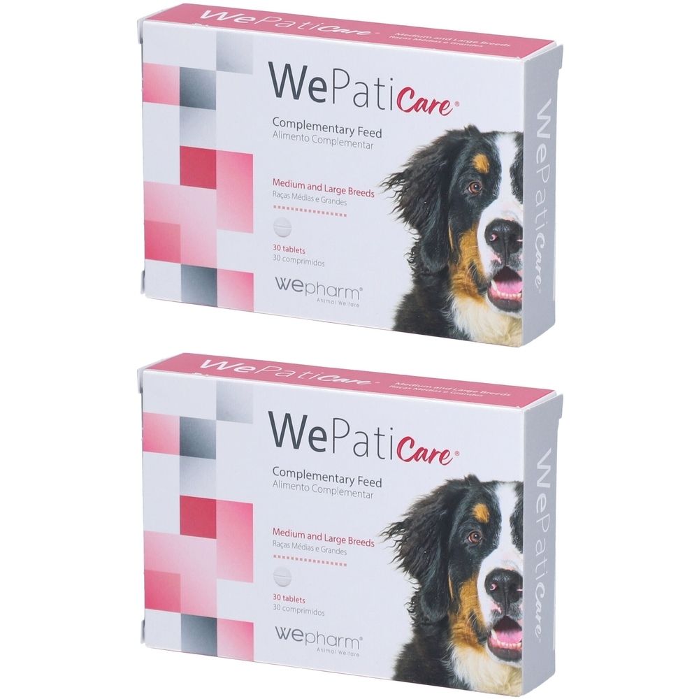 Twee productdozen. Opschrift: WePatiCare, aanvullend diervoeder voor middelgrote en grote hondenrassen.