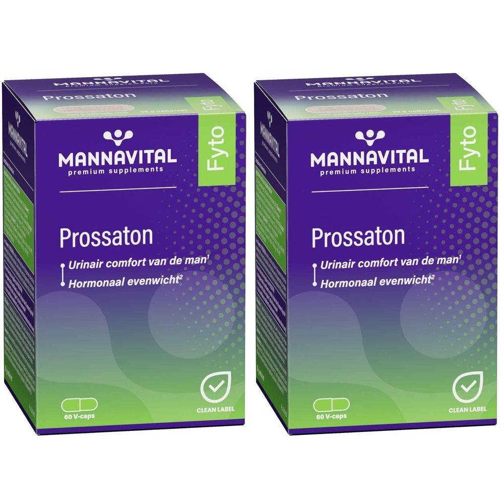 Deux boîtes de Mannavital Prossaton. Emballage violet et blanc avec nom et logo du produit. Inscription : Urinair comfort van de man, Hormonaal evenwicht.