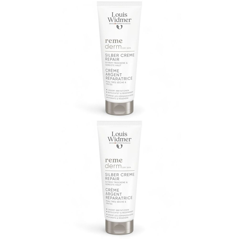 Deux tubes de crème. Inscription: Louis Widmer, remederm, Silber Creme Repair, Crème Argent Réparatrice.