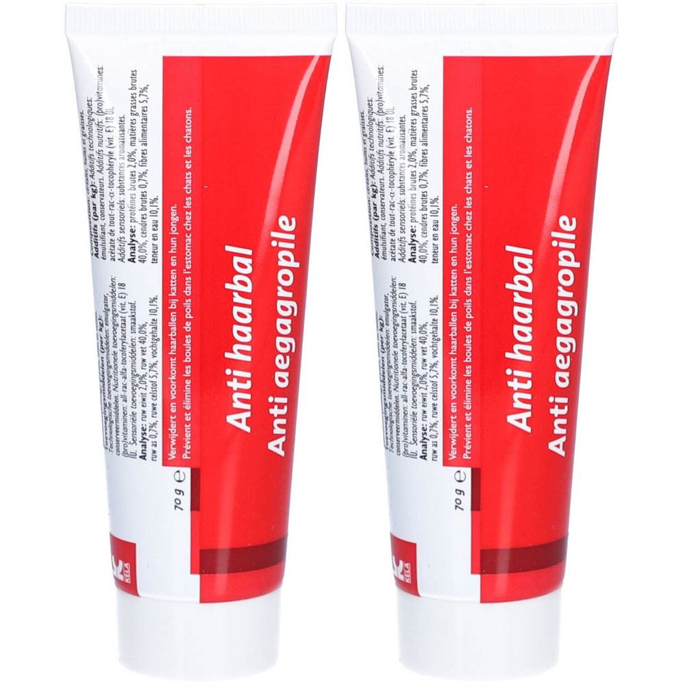 Deux tubes rouges et blancs. Inscription: Anti haarbal, Anti aegagropile. Texte en plusieurs langues.