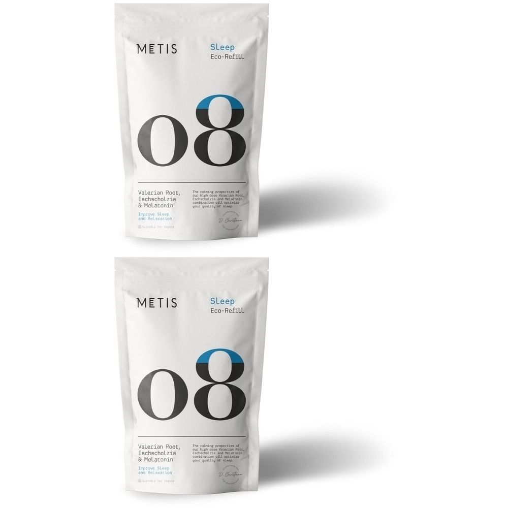 Twee witte zakjes met de tekst "METIS Sleep 08 Eco-Refill". Opschrift: "Hawaiian Root, L-Theanine & Melatonine".