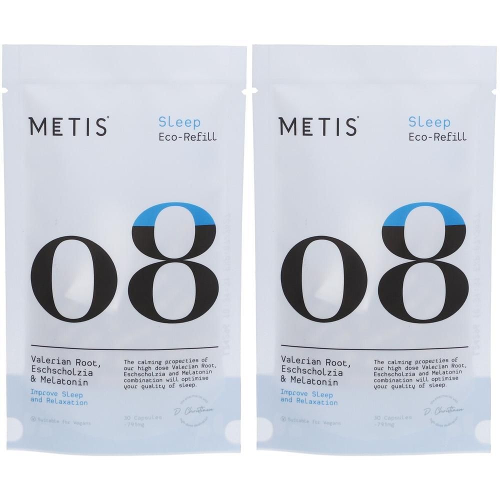 Twee zakjes Metis Sleep Eco-Recharge. Wit, met blauwe accenten en grote zwarte "08". Tekst: Valerian Root, Eschscholzia & Melatonin.