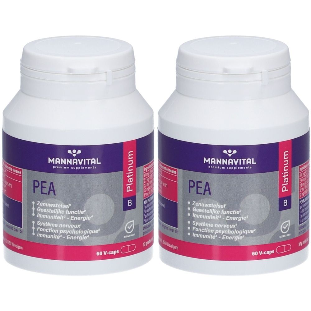 Twee witte flessen met paarse etiketten. Opschrift: MANNAVITAL, PEA, Platinum. Bevat 60 capsules. Meer informatie op het etiket.