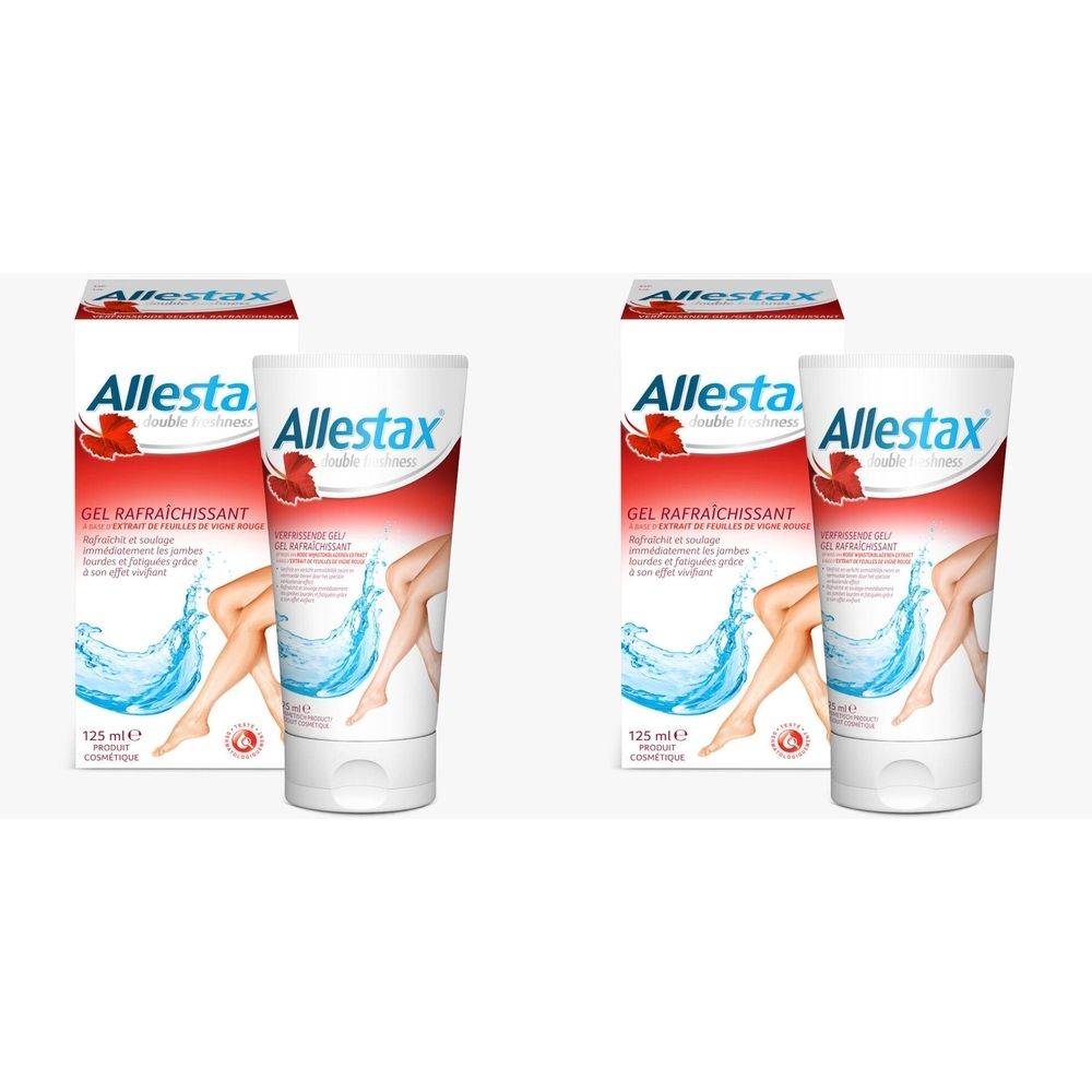 Deux tubes et boîtes. Inscription: Allestax, Gel Rafraîchissant. Image de jambes et d'eau. Tube blanc avec bouchon bleu.
