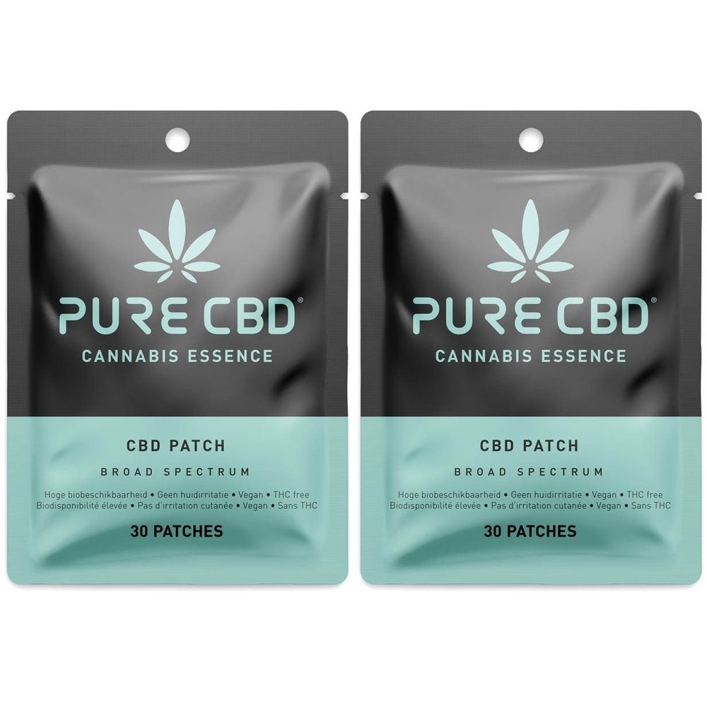 Twee zakjes Pure CBD Cannabis Essence CBD Patch. Zwarte verpakking met turkooiskleurige strook. Opschrift: 30 patches.