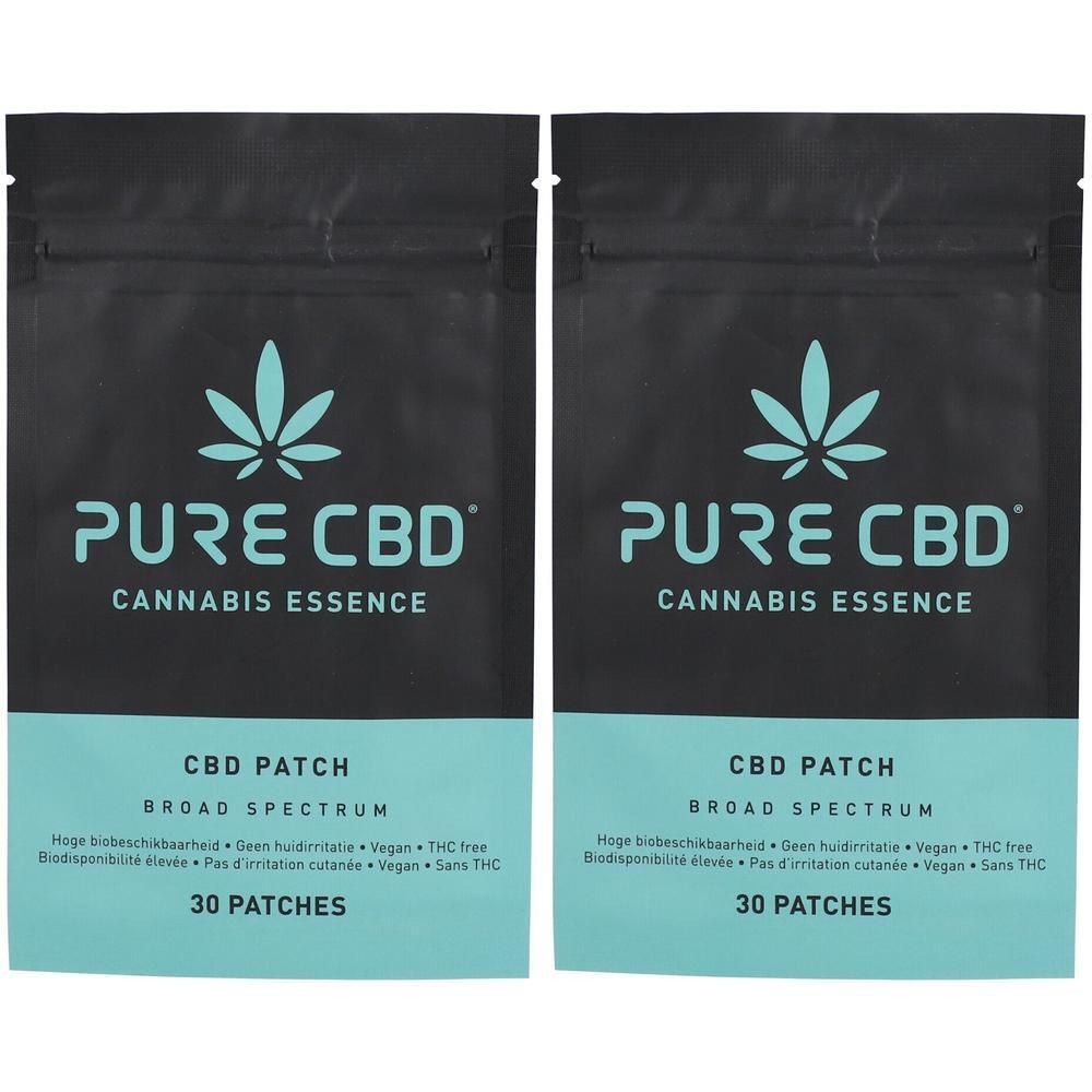 Twee verpakkingen Pure CBD Patches. Zwarte zakjes met turquoise band. Opschrift: Pure CBD, Cannabis Essence, CBD Patch, 30 Patches.