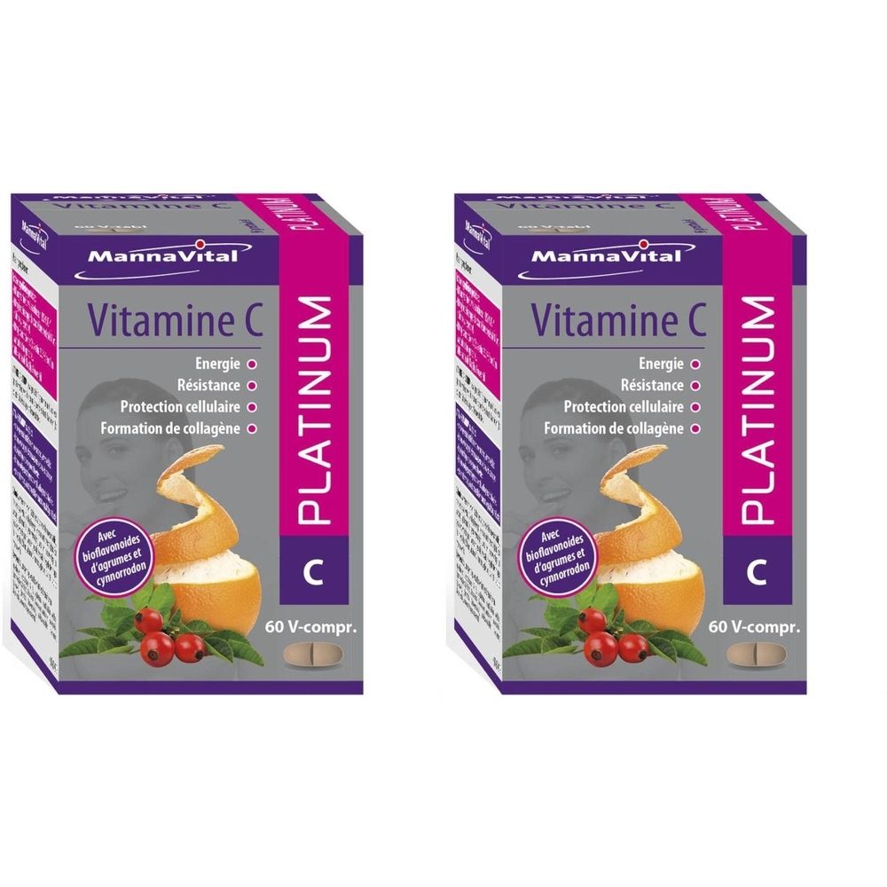Twee dozen Mannavital Vitamine C Platinum. Opschriften: Energie, Résistance, Protection cellulaire, Formation de collagène. 60 V-compr.