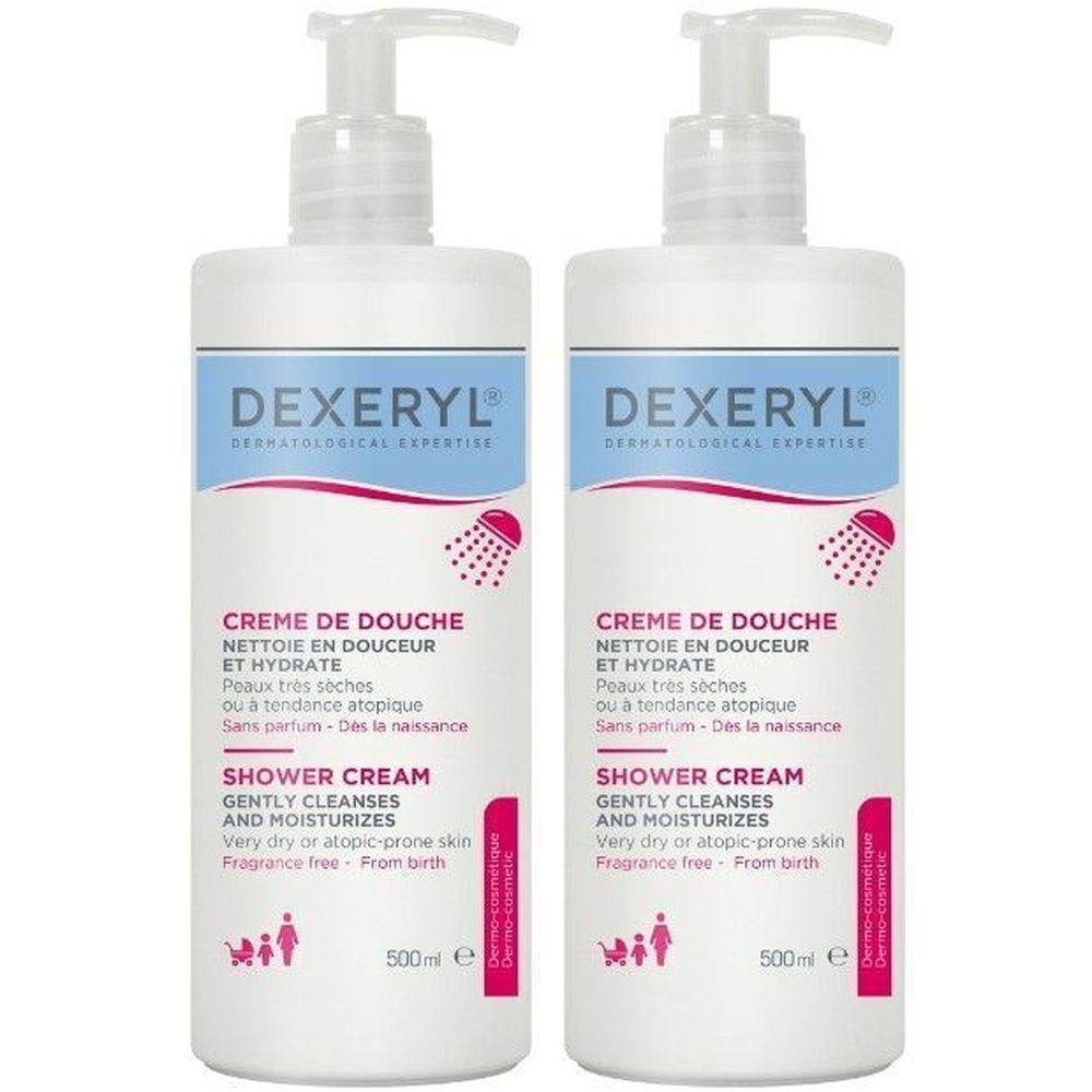 Twee witte flessen met pomp. Opschrift: DEXERYL, Crème de Douche. Voor een zeer droge huid. 500ml.